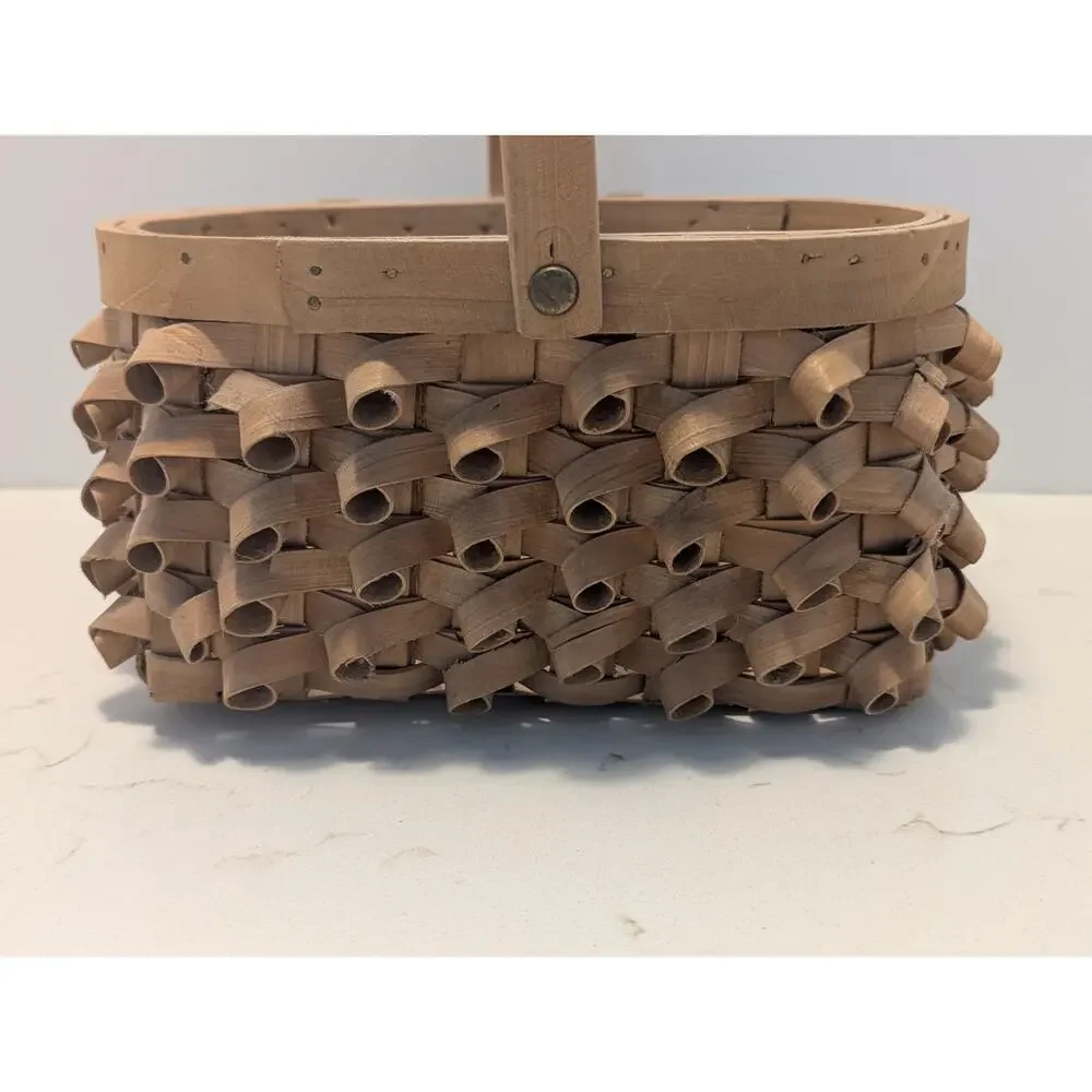 Vtg. Porcupine Curl Splint Wood Basket Curly Weave Moving Handle 9
